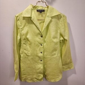 JONES NEW YORK Green 100% Linen three quarter button Down shirt size 4